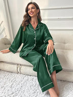 WJing Yi Jia 5Pcs XS-XXL Womens Silk Satin Pajamas Sets Long Pj Sets Button Down Pjs Set Loungewear Sleepwear