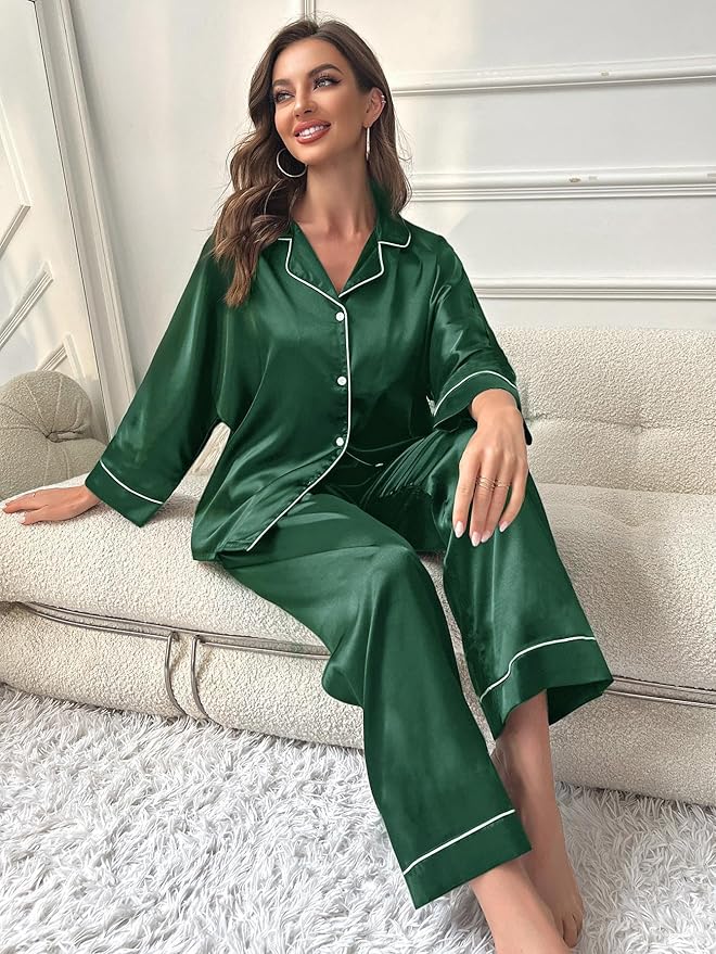 WJing Yi Jia 5Pcs XS-XXL Womens Silk Satin Pajamas Sets Long Pj Sets Button Down Pjs Set Loungewear Sleepwear