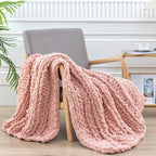 WESHIONGOO Chunky Knit Blanket Throw 40"×60" Knitted Throw Blankets for Couch Bed Fluffy Soft Blanket with Jumbo Chenille Yarn Thick 100% Handmade(Pink, Medium Size Throw)