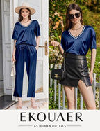 Ekouaer Satin Pajama Set for Women Short Sleeve Silky Pjs 2 Piece Lounge Sets Soft Comfy Sleepwear Loungewear S-XXL