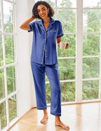 Ekouaer Silk Satin Pajamas Set Women Short Sleeve Sleepwear Soft Button Down Loungewear Pjs Set