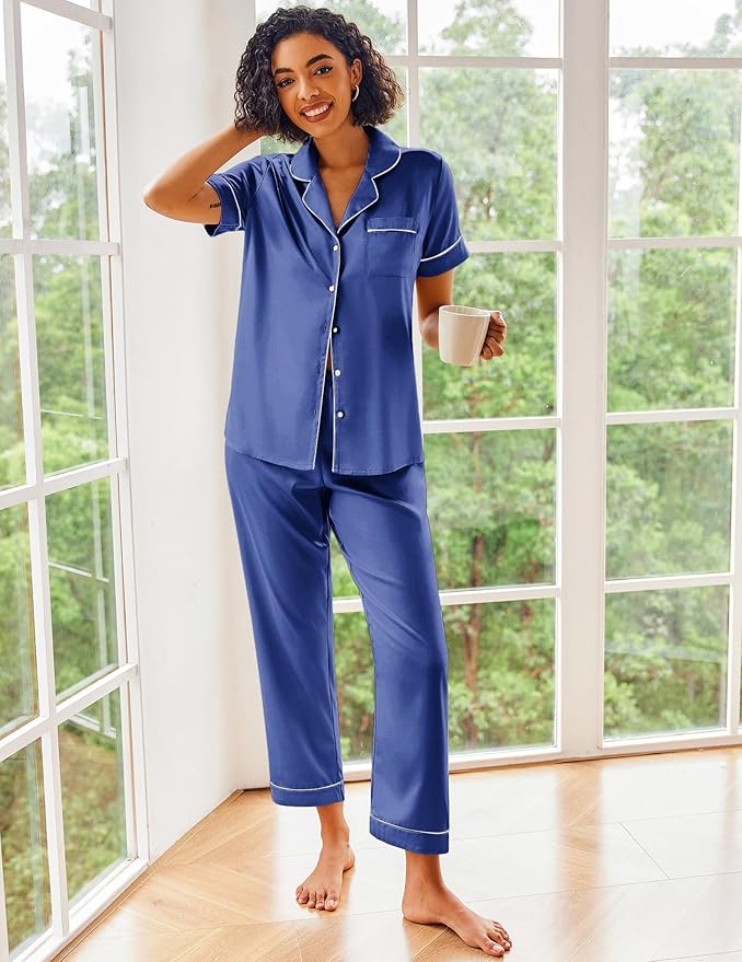 Ekouaer Silk Satin Pajamas Set Women Short Sleeve Sleepwear Soft Button Down Loungewear Pjs Set