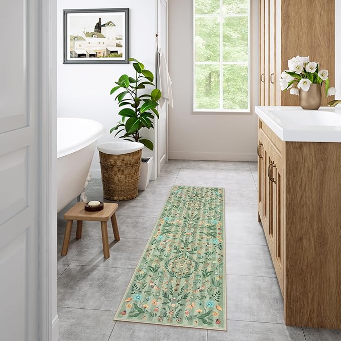 Lahome Chloe Insect Botanical 2'6"x8 Green Hallway Runner Rug, Bathroom Kitchen Runner Rugs Non Skid Washable, Soft Non-Slip Indoor Carpet Runners for Entryway Laundry Bedroom(Green,2'6"x8)