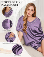 Silk Pajamas for Women Short Sleeve Satin 2 Piece Pj Set Soft V Neck Sleepwear Loungewear, S-XXL