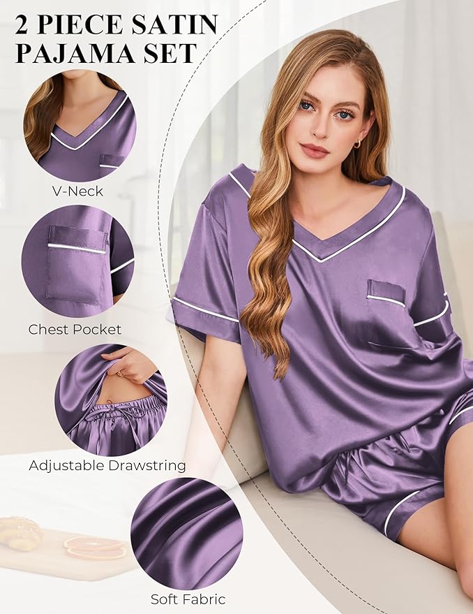Silk Pajamas for Women Short Sleeve Satin 2 Piece Pj Set Soft V Neck Sleepwear Loungewear, S-XXL
