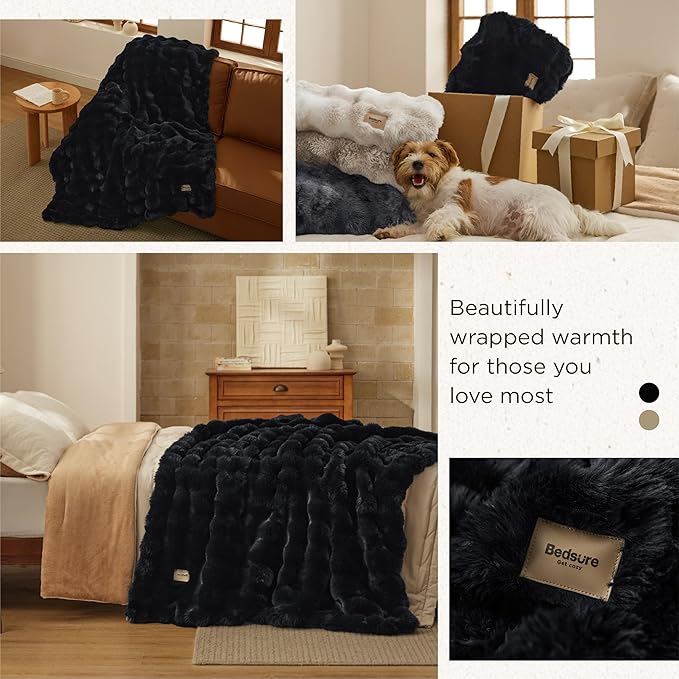 Bedsure GentleSoft Fluffy Fuzzy Twin Blanket, Soft Cozy Fleece Faux Fur Blanket, Pink Decorations Minky Velvet Couch Cover, Thick Warm Plush Women Men Birthday Gifts, 870GSM, Black