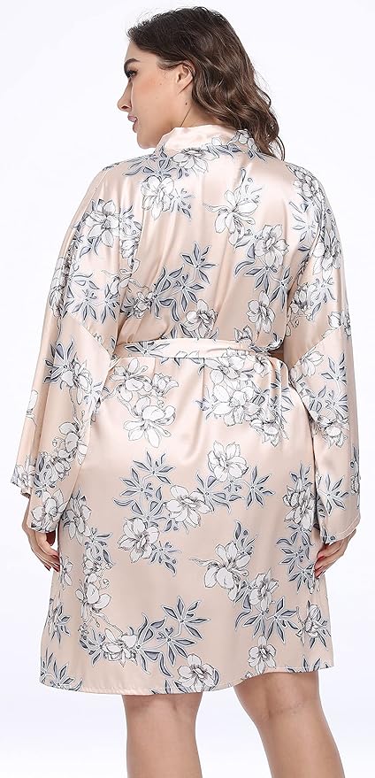 Women's Plus Size Satin Kimono Robes Short Silk Bathrobe Bridesmaid Wedding Party Nightgown Sleepwear