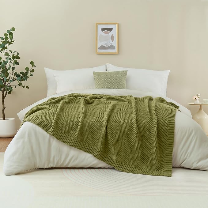 Knitted Throw Blanket 60"X80", Olive Green Knit Throws for Bed, Super Soft Boho Chevron Blankets for Couch Sofa Chair Room Decor, Textured Decorative Farmhouse Cozy Lightweight