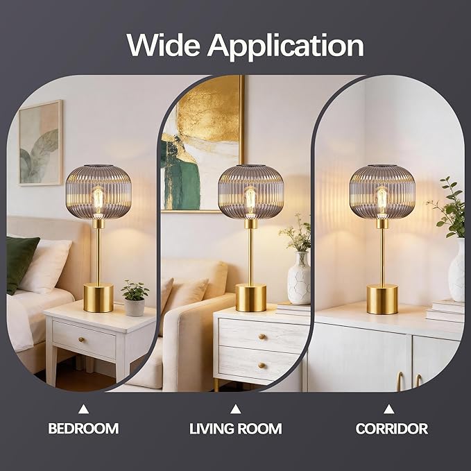 QiMH Glass Table Lamp for Living Room, Modern Bedside Lamp with Grey Ribbed Glass Shade, 3-Way Dimmable Touch Control Nightstand Lamp for Bedroom, Brushed Gold (2700K LED Bulb Included)