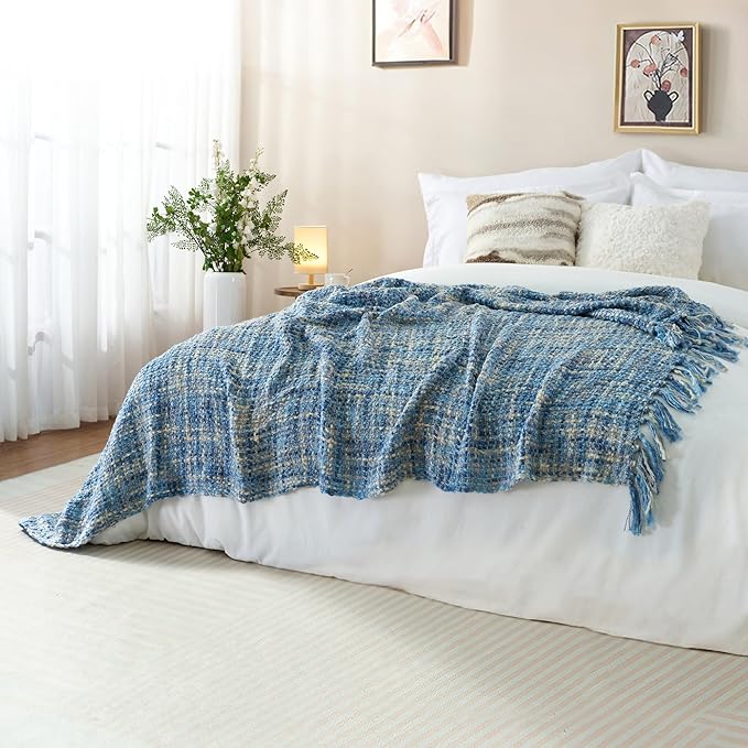 Multi-Color Light Blue Cable Woven Throw Blanket for Couch,60"X80" Boho Style Textured Blankets for Home Decor,Super Soft Warm Cozy Chunky Blanket with Decorative Tassels for Bed