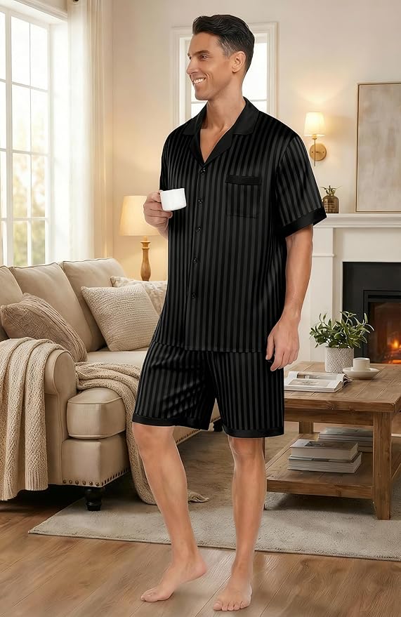 Ekouaer Men Satin Silk Pajamas Set with Pockets Sleepwear Shorts Satin Summer Loungewear 2 Piece Button Down Set S-3XL