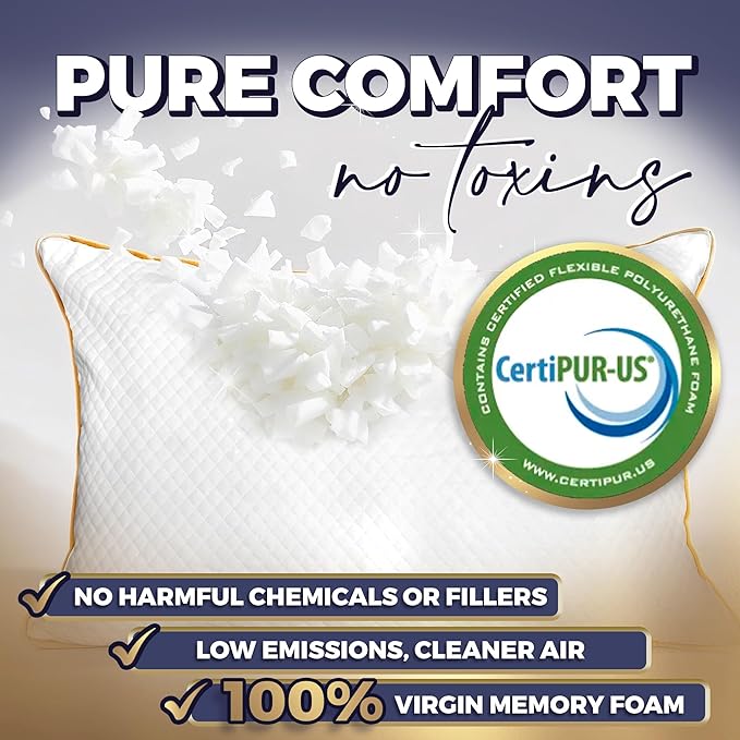 Royal Therapy Queen Memory Foam Pillow–Shredded Memory Foam Pillow for All Sleep Positions–Medium Firm Adjustable Loft–Breathable Bed Pillow with Bamboo Rayon Cover–CertiPUR-US & Oeko-TEX Certified