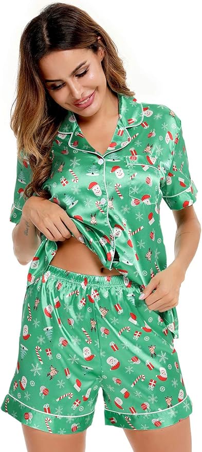 SWOMOG Womens Silk Satin Pajamas Set Short Sleeve Sleepwear Button Down Top and Shorts Loungewear 2 Piece Pjs Set XS-3XL