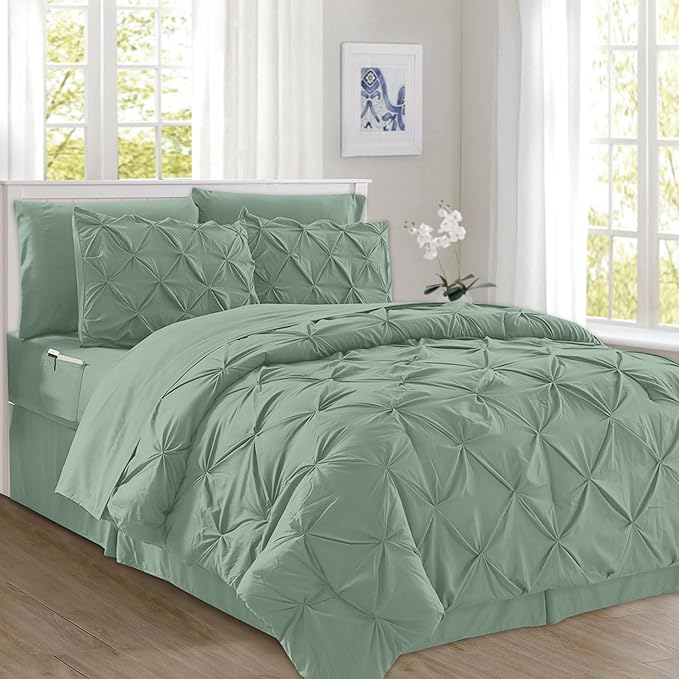 Elegant Comfort 8-Piece Pinch Pleated Comforter Set - All Season Complete Bed in a Bag, Includes 4pc Smart Sheet Set, Bed Skirt, Comforter, Matching Pillowcases and Shams, Full/Queen, Sage Green