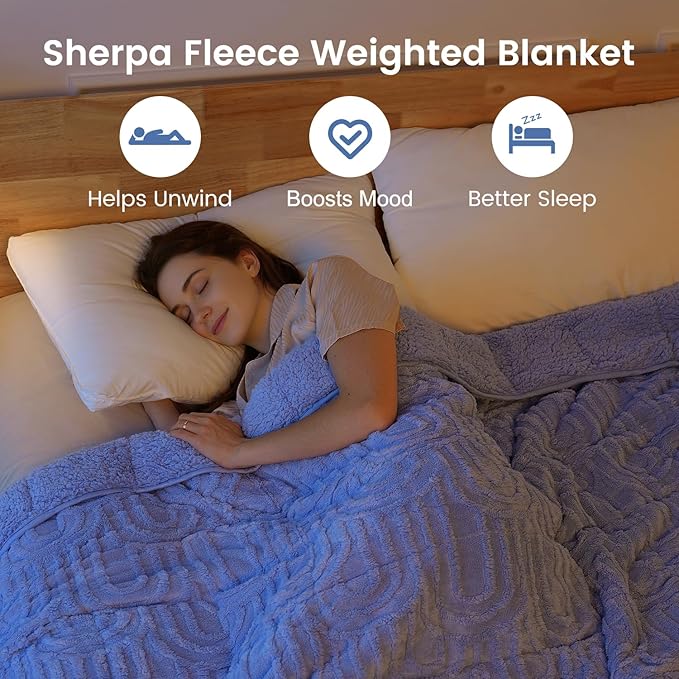 Sherpa Fleece Adult Weighted Blanket Great for Sleep, 15 lbs Dual Sided Soft Fuzzy Heavy Blankets for Couch Bed Sofa, Cozy Warm Fluffy Arched Jacquard Throw for Winter (Blue, 60" x 80", 15 Pounds)