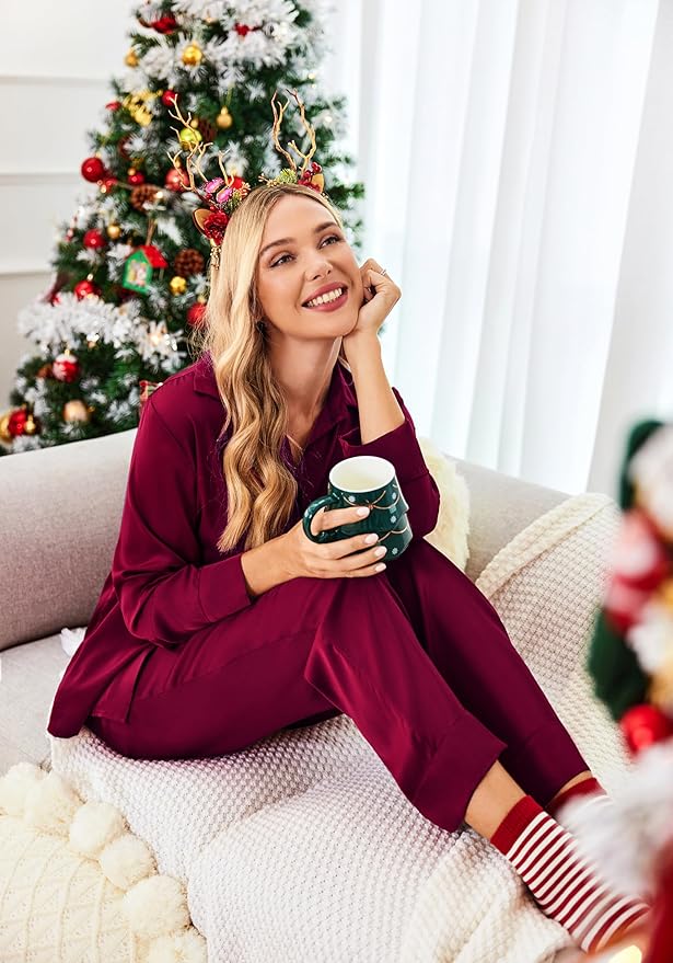Ekouaer Women Satin Silk Pajamas Classic Long Sleeve Button Down Pjs Set Soft Loungewear