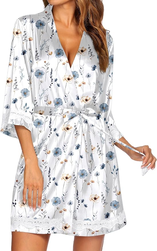 Ekouaer Women's Lace-Trim Silk Robes Bride Bridesmaid Kimono Satin Bathrobe V Neck Sleepwear with 3/4 Sleeve