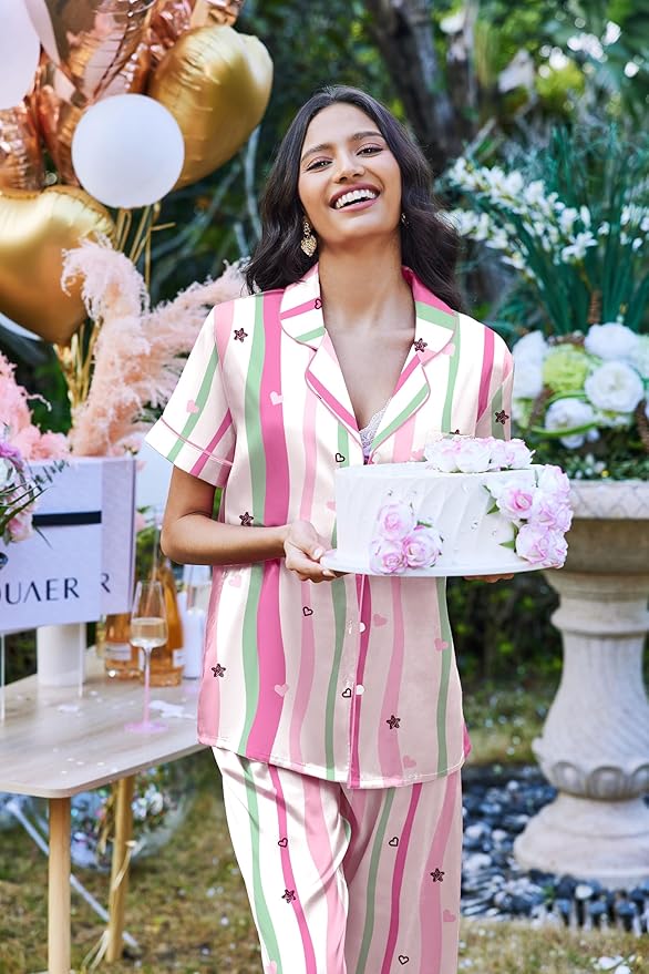 Ekouaer Silk Satin Pajamas Set Women Short Sleeve Sleepwear Soft Button Down Loungewear Pjs Set
