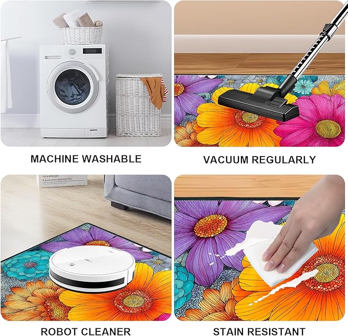 Floral Area Rug 2x3 ft Entry Rug Washable Boho Rugs Non Slip Low Pile Spring Floral Door Mat Small Carpet for Bedroom, Bedside, Kids Room, Office, Dining Room