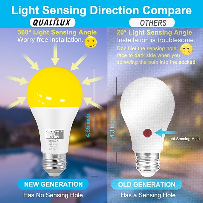 Qualilux Dusk to Dawn Bug Light Bulbs Outdoor, 1900K Amber Yellow, 600 Lumen, LED 9.5W, A19 E26, 2-Pack, HQ-H017