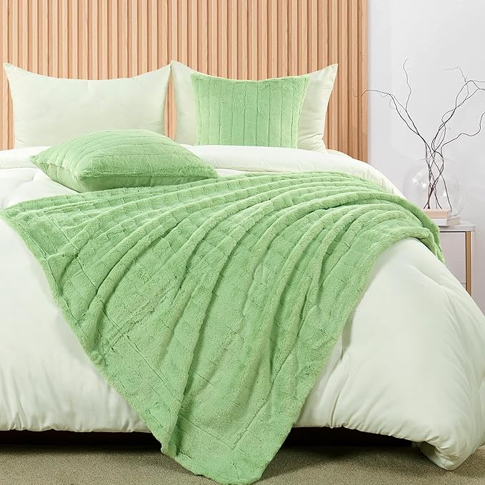 Striped Throw Blanket and Pillow Covers Set (No Inserts) for Couch and Bed, Plush Warm Lightweight Fuzzy Faux Fur Blanket for All Seasons (50" x 60", Light Green)
