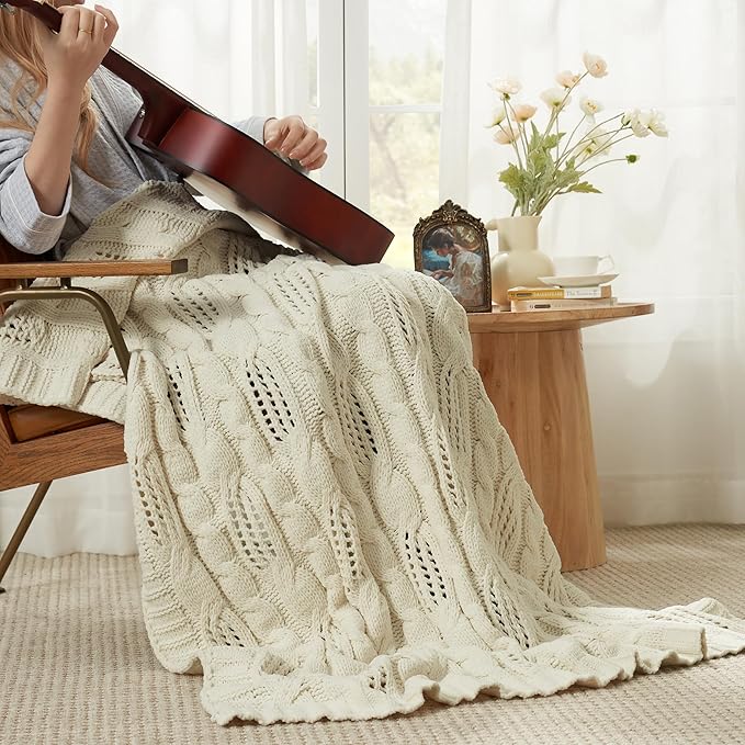 Amélie Home Chunky Knit Throw Blanket, Dual-Sided Soft Chenille Breathable Cable Knitted Blanket for Couch, Farmhouse Decorative Throw for Sofa & Chair, 60"x80", Ivory
