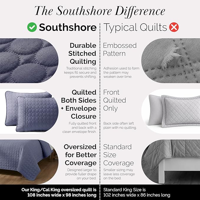 Southshore Fine Living, Inc. Lightweight Quilt, Oversized Quilts For King Bed, Soft Coverlet, 3-Piece Bedspread Set with Two Matching Quilted Pillow Shams, All Season California/King Quilt Sets, Denim