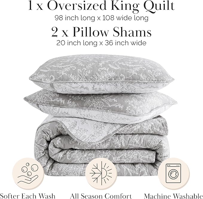 Southshore Fine Living, Inc. Floral Quilt King Size, All Season Bedding Set, Soft Coverlet, 3-Piece Lightweight Bedspread Set with Two Matching Quilted Pillow Shams, California/King Quilt Sets, Grey