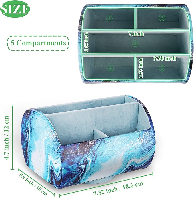 QIELIZI Remote Control Holder,PU Leather 360-Degree Rotating Supply Organizer Box with 5 Compartment Multi-functional Office Organization and Storage Caddy for Office Stationery(1-Blue Quicksand)
