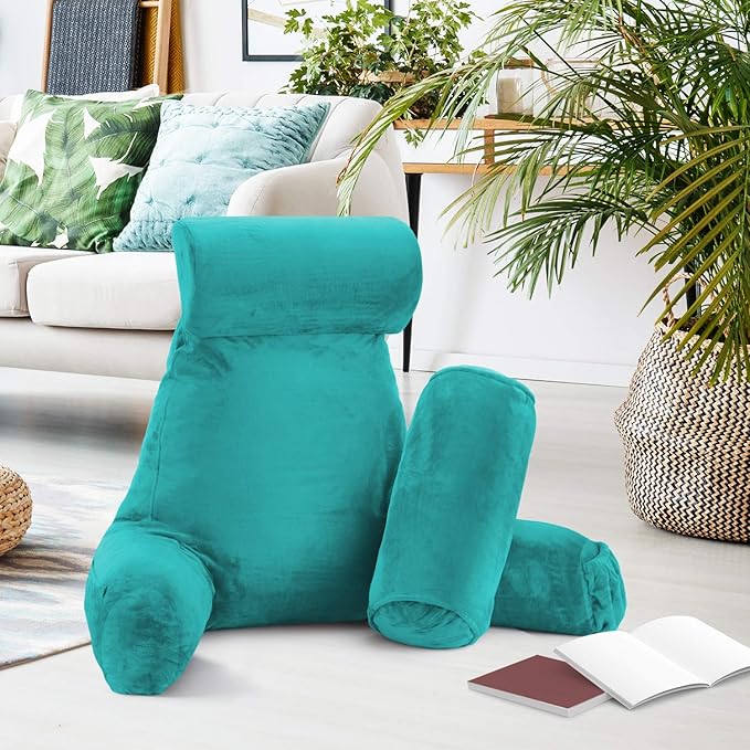 Clara Clark Reading Pillow with Shredded Memory Foam Includes 2 Neck and Lumber Support Pillows, Designed for Sitting Up in Bed and Couch, Back and Arms Adjustable Support for Adults & Teens, Teal