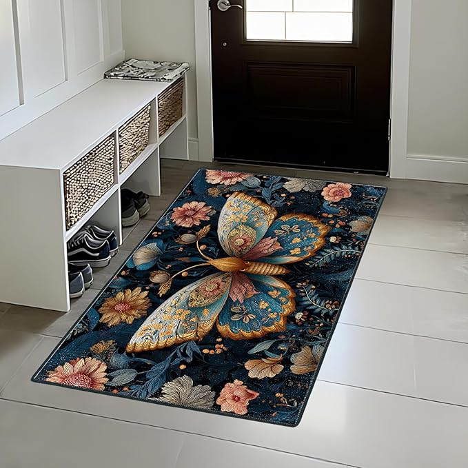 Butterfly Area Rug 2x3 ft Entry Rug Washable Boho Rugs Non Slip Low Pile Floral Door Mat Small Carpet for Bedroom, Bedside, Kids Room, Office, Dining Room