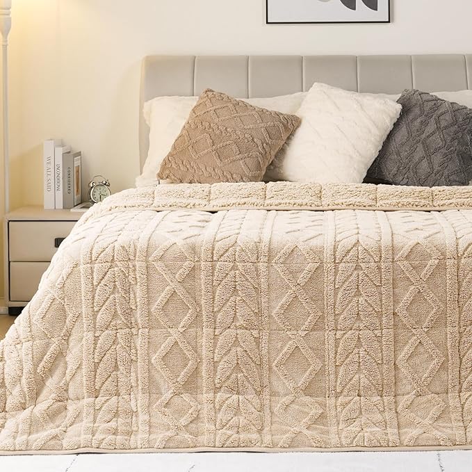Cottonblue Jacquard Weighted Blanket 20 lbs for Adults Queen Size, Ultra Soft Sherpa Fleece Blanket for Relax and Sleep, Cozy Comfort Heavy Bed Blankets with Glass Beads, 60x80 Inches, Beige