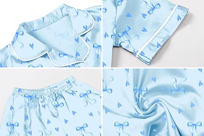 Umeyda Women & Girls Pajamas Set, Soft Satin Lightweight Silk Button-Down Top with Shorts 2 Piece PJS for Mom Boys Kids Gifts