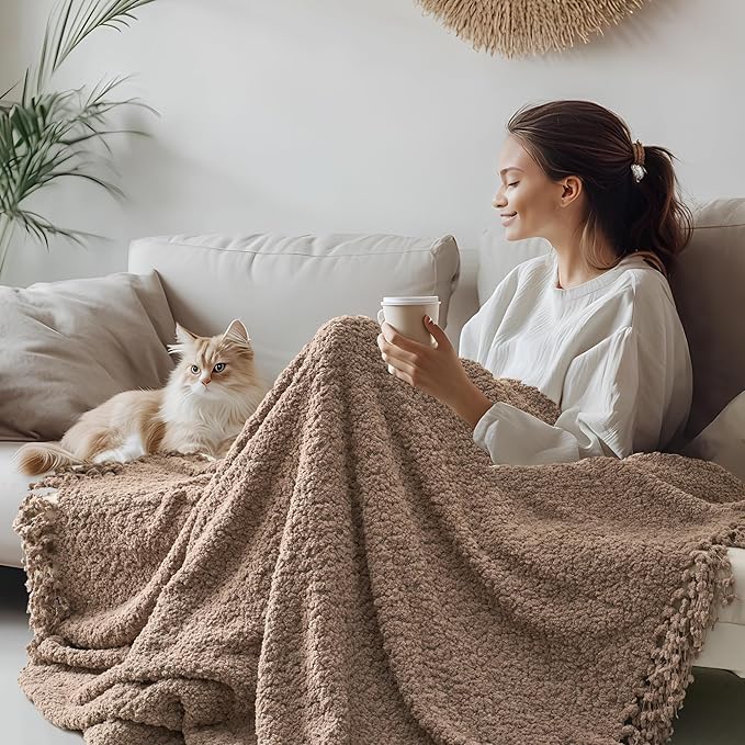 Throw Blanket for Couch, Taupe Tan Luxury Knitted Throws 60"x80", Textured Blankets with Handmade Fringe Tassels for Bed Sofa Decorative, Chunky Soft Farmhouse Boho Home Decor