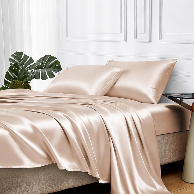 MR&HM Satin Bed Sheets, California King Size Sheets Set, 4 Pcs Silky Bedding Set with 15 Inches Deep Pocket for Mattress (California King, Champagne)