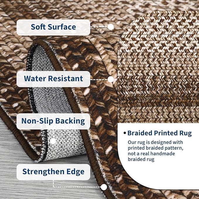 RUGSREAL Boho Rug 4x6 for Bedroom Machine Washable Rug Braided Print Floor Cover Indoor Non Slip Throw Carpet Farmhouse Rustic Accent Rug Moroccan Carpet for Living Room Home Decor, Brown