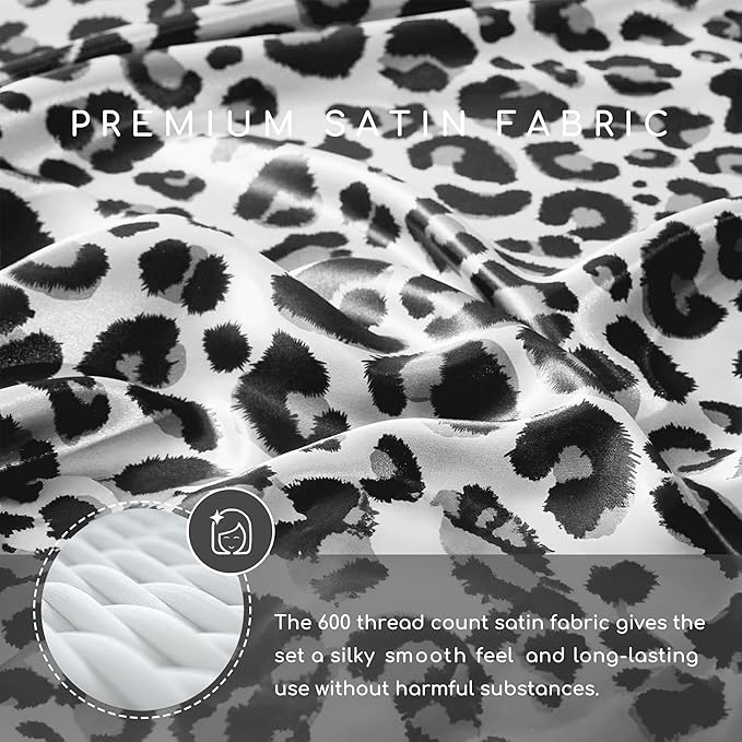 MR&HM Satin Sheets with Elastic Corner Straps, King Size Sheets Set, 4 Pcs Silky Bedding Set with 15 Inches Deep Pocket for Mattress (King, White Leopard)