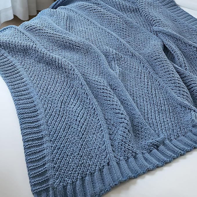 Amélie Home Knit Throw Blanket, Soft Chenille Cozy Breathable Chevron Chunky Decorative Blanket for Couch, Bed & Sofa, French-Inspired Lightweight Warm Gift for Women, Washed Blue, 50"x60"