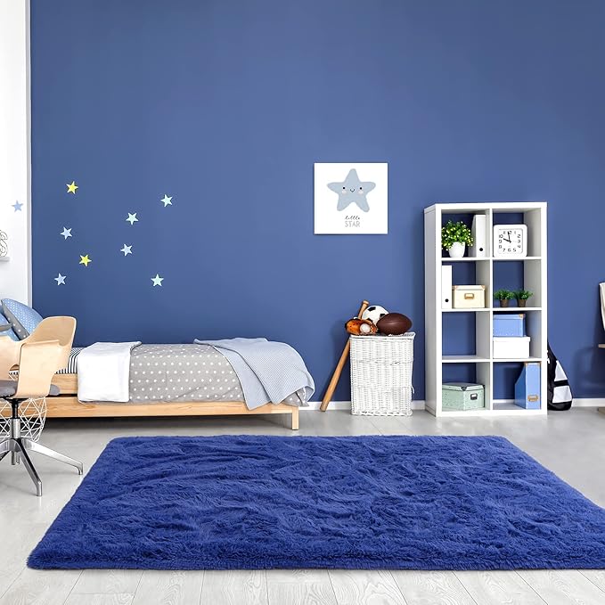 Noahas Fluffy Navy Blue Area Rugs for Bedroom Living Room,4x5.3 Feet Thick Shag Throw Floor Carpet,Soft Shaggy Non-Slip Plush Dorm Nursery Kids Rug Home Decor Aesthetic