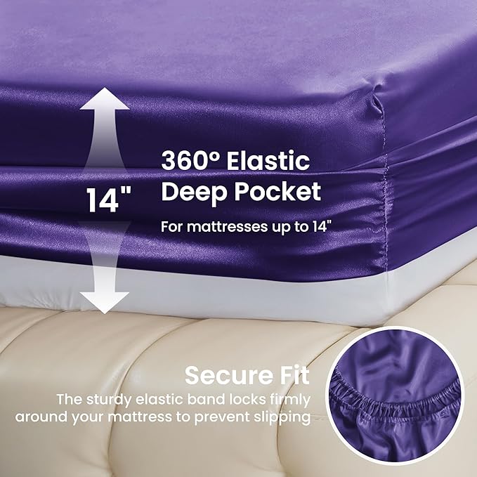 Love's cabin Twin Satin Sheets Sets - 3 Piece Purple Silky Bed Sheets with Deep Pockets, Luxury Silk Feel Satin Twin Size Sheet Set Bedding Set (1 Flat Sheet,1 Fitted Sheet,1 Pillow case)