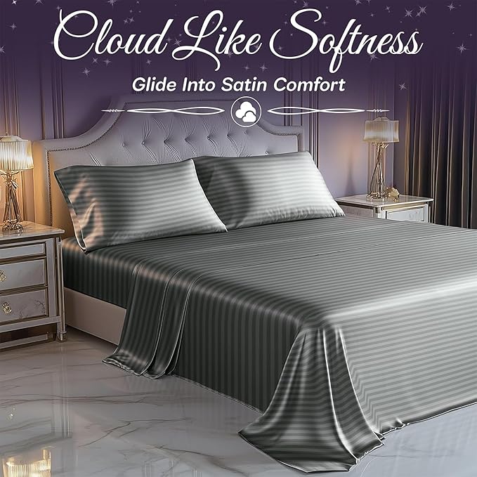SLEEP SANCTUARY Satin Sheets King Size – 4 Piece Luxury Silky Bed Set, Softer Than Silk, 15" Deep Pocket, Cooling & Wrinkle-Free, Moisture-Wicking & Breathable for Hair & Skin (Striped Grey)