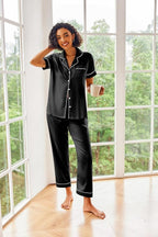 Ekouaer Silk Satin Pajamas Set Women Short Sleeve Sleepwear Soft Button Down Loungewear Pjs Set