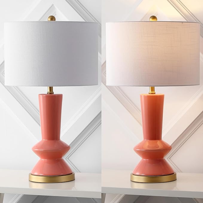 JONATHAN Y 27" Coral/Gold Painting Modern Ceramic Table Lamp for Bedroom Living Room, with White Linen Shade, Glam Geometric Bedside Nightstand Lamp, LED Bulb Included (JYL6607B)