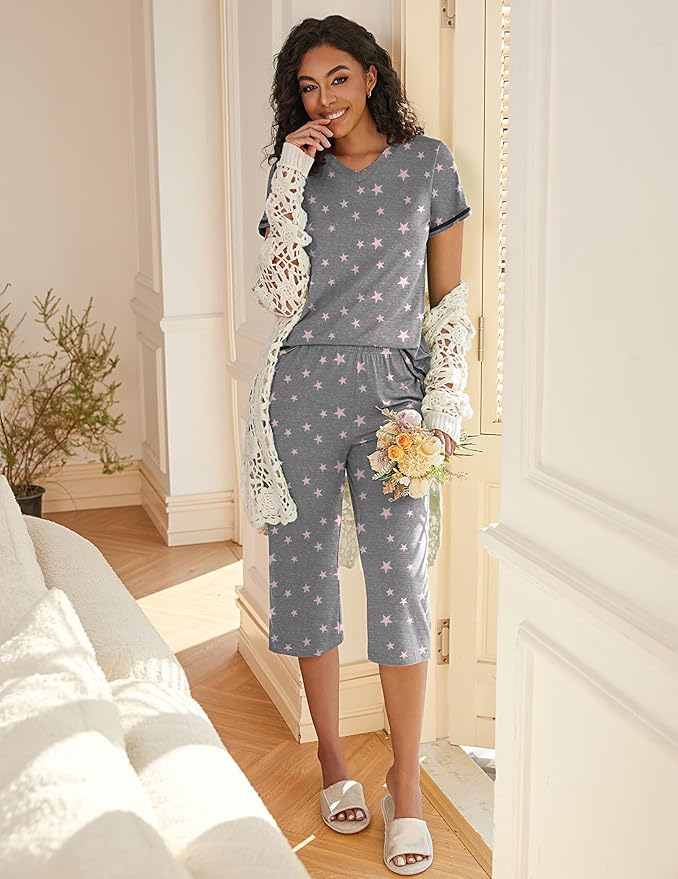 Ekouaer Women's Sleepwear Capri Pajama Sets Short Sleeve Two-Piece Pjs V Neck Tops & Capri Pants with Pockets S-3XL