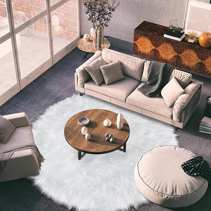 6ft Sheepskin Faux Fur White Round Rugs for Bedroom Living Room, Fluffy White Circle Rug for Kids Room Furry Shaggy Circular Carpet for Teen Girls Room Non-Slip