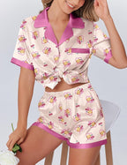 Ekouaer Womens Silk Satin Pajamas Set Animals Print Pjs Button Down Short Sleeve Lounge Set 2 Piece Sleepwear