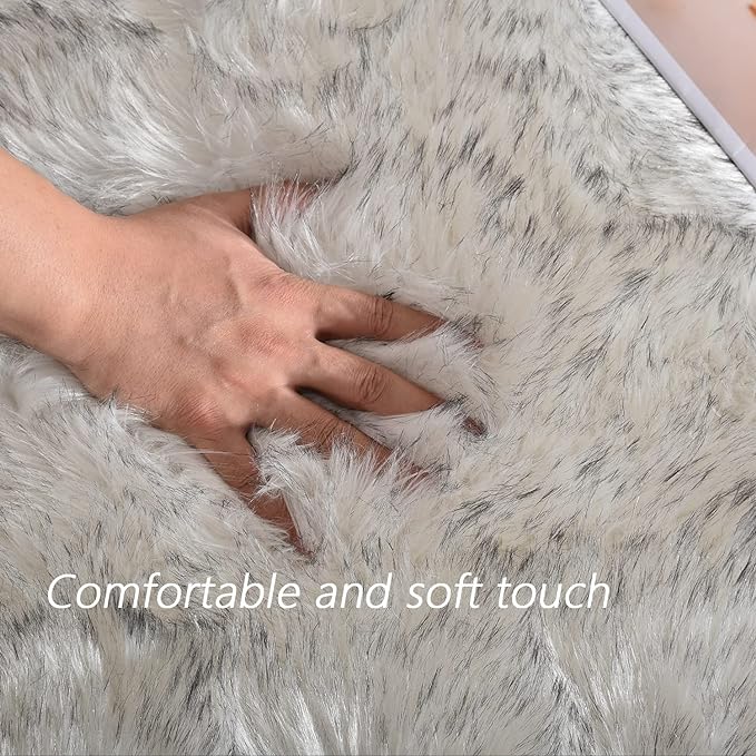 Latepis Boho Runner 2x6 White with Grey Tips Fluffy Shag Rug Washable Shaggy Rugs Faux Sheepskin Fur Rug Throw Rugs for Living Room Bedroom,Runner