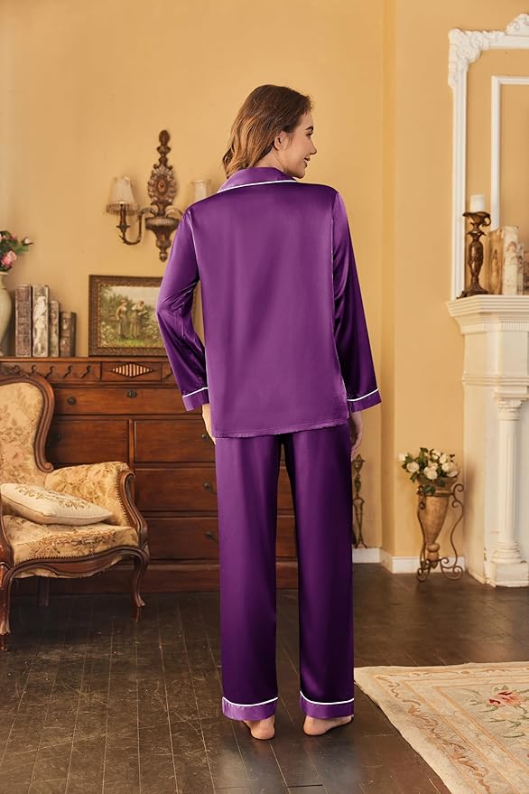 Ekouaer Women's Classic Button Down Long Satin Silk Pajama Set