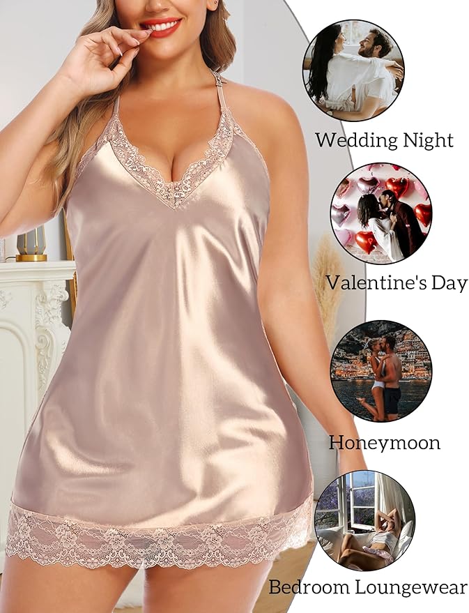 Avidlove Women Lingerie Plus Size Satin Lace Chemise Nightgown Sexy Full Slips Sleepwear L-4XL