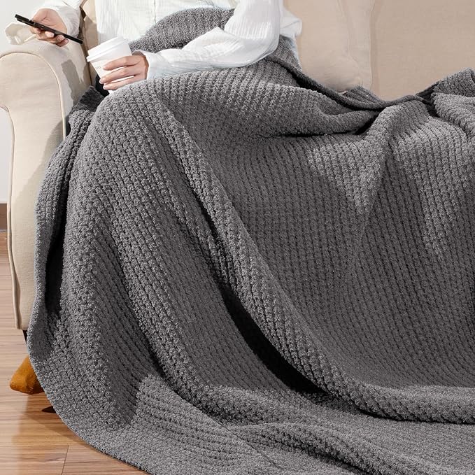 Waffle Knit Twin Blanket, Luxury Cozy Chunky Knit Twin Blanket for Couch, 60 x 80 Inch Thick Ultra-Soft Feather Yarn Knitted Blankets for Sofa, Bed, Home Decor - Grey